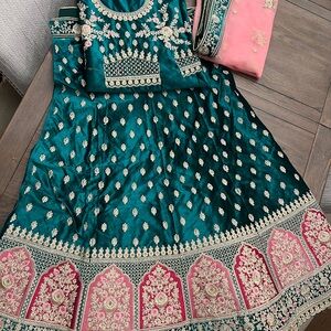 Elegant Teal and Pink velvet Lehnga